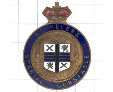 St. Helens Special Constable police lapel badge.Victorian style crowned blue enamel circlet, central civic Arms; red enamel c