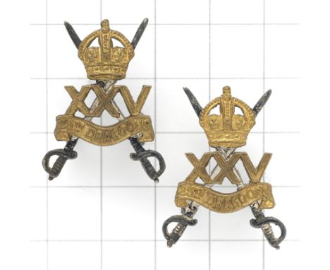 25th Dragoons WW2 War raised pair of Officer’s silvered and gilt collar badges circa 1941-46.Fine and scarce die-cast example