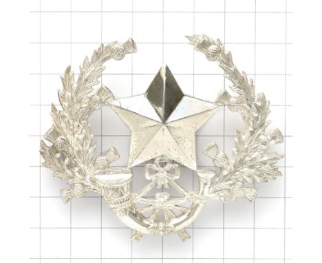 Cameronians (Scottish Rifles) Officer’s glengarry badge.A good die-cast heavy large silvered example. Thistle sprays enclosin