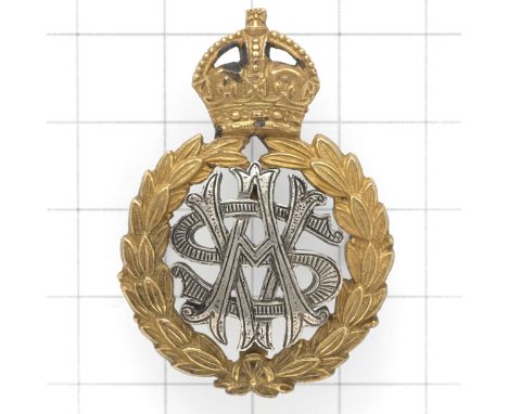 Army Veterinary Service Officer’s cap badge.Scarce very fine die-cast silver AVS cypher with gilt crowned laurel sprays. Loop