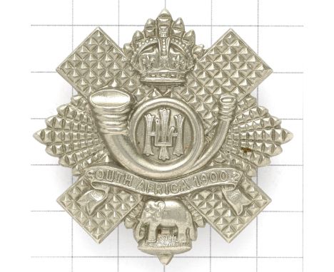 Scottish 5th,7th & 8th Bns. Highland Light Infantry HLI post 1908 glengarry badge.Die-stamped white metal. Long scroll  ‘SOUT