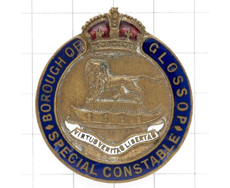 Borough of Glossop Special Constable police lapel badge.Die-cast crowned title scroll, Arms of Glossop to centre.ButtonholeSm