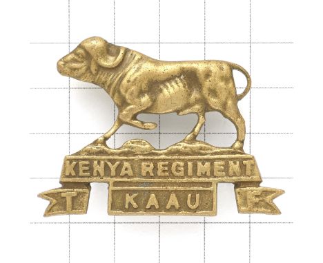 Kenya Regiment Auxiliary Air Unit WW2 cap badge circa 1940-45.Well cast water buffalo on ‘KENYA REGIMENT TF’ scroll over ‘KAA