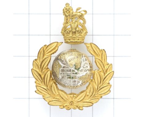 Royal Marines two part Officer’s cap badge circa 1923-52.Good die-cast gilt Royal Crest above separate gilt laurel sprays and