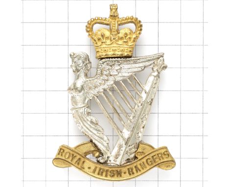 Royal Irish Rangers Piper’s badge circa 1968-92.Fine gilt crowned silvered Maid of Erin Harp on gilt ‘Royal Irish Rangers’ sc