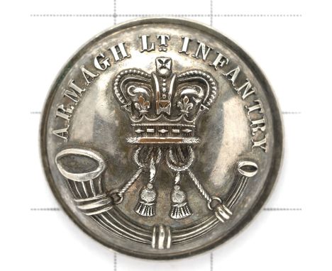 Irish. Armagh Light Infantry Militia Victorian Officer’s silver plated tunic button  circa 1856-81.‘ARMAGH LT INFANTRY’ over 