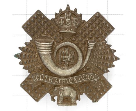 Scottish 5th,7th & 8th Bns. Highland Light Infantry post 1908 OR’s glengarry badge.Scarce die-stamped white metal example. ‘S