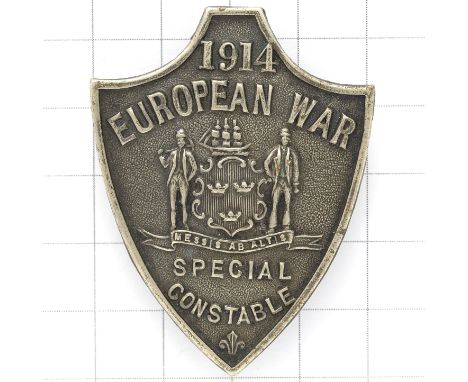 1914 European War Tynemouth Special Constable police lapel badge.Die-stamped white metal shield with Town ArmsButtonhole with
