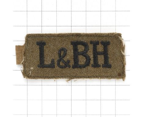 L & BH scare WW2  Lothians and Border Horse Yeomanry cloth slip-on titleBlack embroidered on khakiTapeMinor moth
