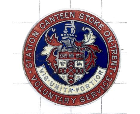 Station Canteen Stoke-on-Trent Voluntary Service WW2 chrome and enamel lapel badge.Die-cast title circlet with Civic Arms to 