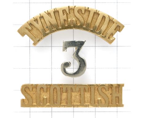 TYNESIDE / 3 / SCOTTISH Kitchener’s Army bi-metal shoulder title circa 1914-18.Three part example with white metal ‘3’Worn by