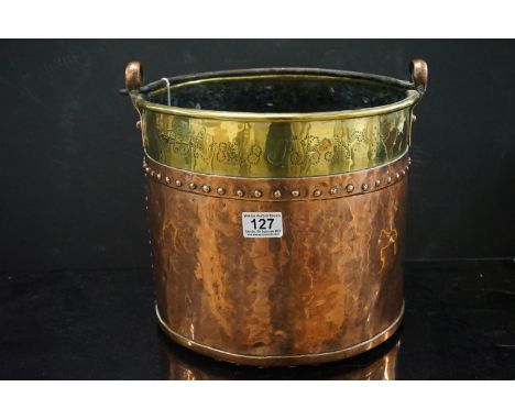 Early 19th century Copper and Brass Riveted Bucket with swing iron handle and poker work etching ' E.H.H. 1828 T.B.N ', 30cm 