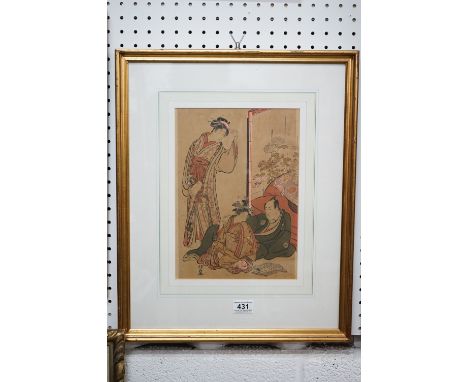 Torii Kiyonaga, a Japanese woodblock portrait of Ichikawa Monnosuke with companions 