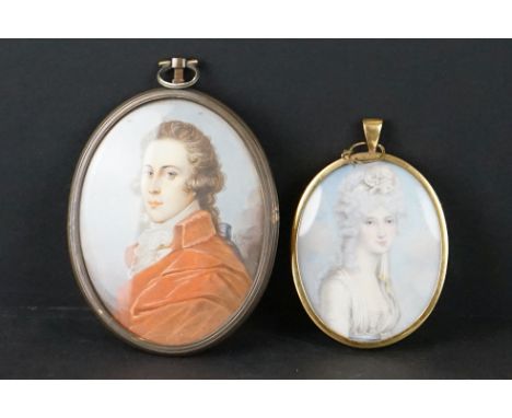 Miniature Oval Portrait of an 18th century Gentleman signed R Moore, 8cm high together with Miniature Portrait of an 18th cen