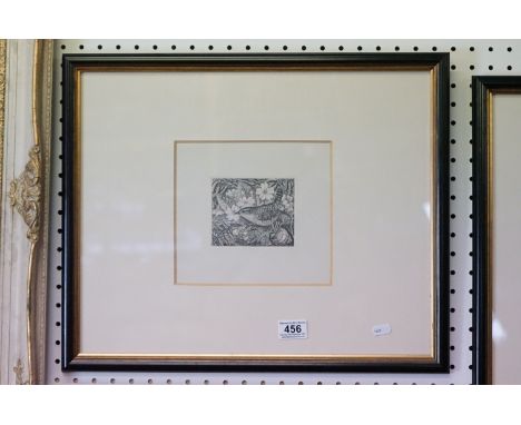 Robin Tanner (1904 -1988) Etching ' Wren and Primroses ', image measures 11cm x 9cm, framed and glazed 