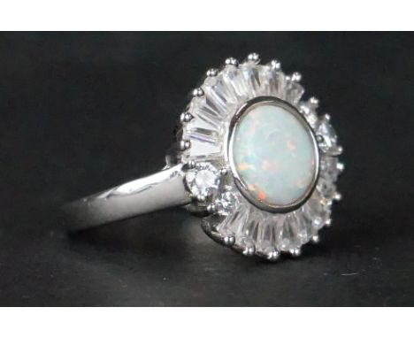 Silver and CZ cluster ring with central opal panel 