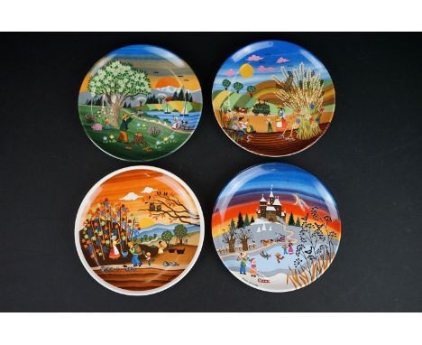 Set of Four Poole Pottery ' Seasons ' plates by Barbara Furstenhofer (Spring, Summer, Autumn, Winter), approx 15cm diameter 