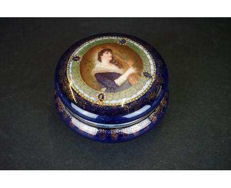 Vienna, Alexandra Porcelain Works, Lidded Trinket Box decorated with a portrait of a woman on a Cobalt Blue ground, beehive m