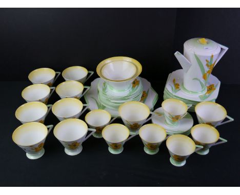 Art Deco Shelley Tea and Coffee Part Set, Eve shape,  decorated in the Gladioli pattern comprising Coffee Pot, 10 Tea Cups, 1