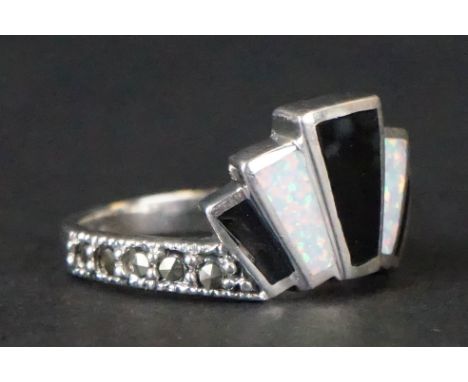 Silver Art Deco style ring set with marcasite and mother-of-pearl 