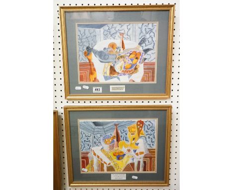 Martin Barlow, Pair of Watercolours titled ' The Yellow Tablecloth ' and ' The Purple Tablecloth '. 31cm x 23cm, framed and g