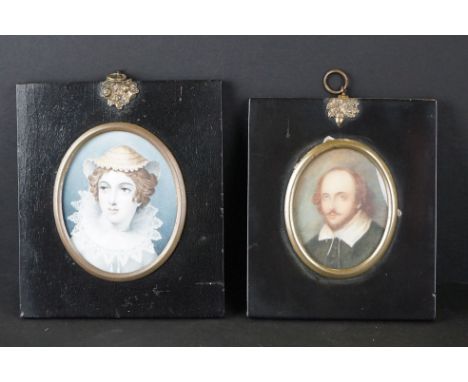 Miniature Portrait of a 16th century Gentleman and another Portrait Print of a Lady, both contained in ebonised frames 
