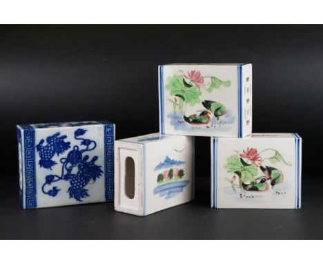 Chinese Ceramic Blue and White Opium Pillow with pierced ends, decorated with Dogs of Foo, 13cm high together with Three furt