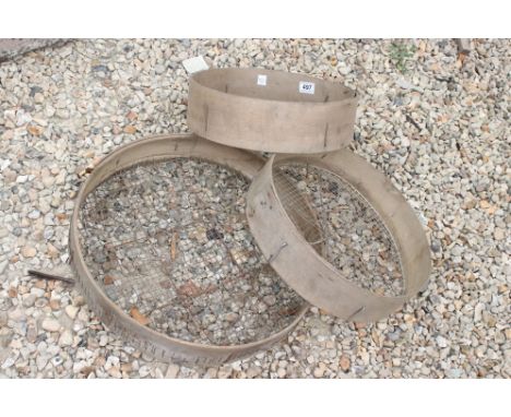 Three vintage chestnut garden sieves 