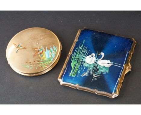 Mid 20th century Stratton card case decorated with swans, together with a similar compact with ducks 