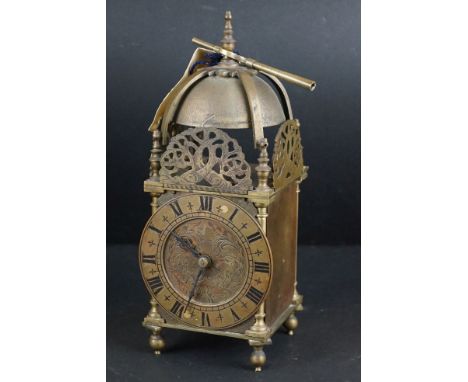 Brass Lantern Clock, with floral etched face and Roman numerals,  the movement stamped R and Co, Paris, with key, 24cm high 