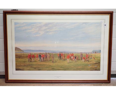 Golfing - F P Hopkins Limited Edition Print ' The First Tee at Westward Ho! ' no. 274/850, image measures 81cm x 47cm, framed