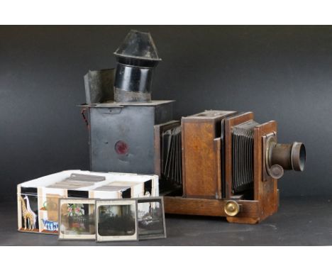 Victorian Oak Magic Lantern together with over 90 Magic Lantern Slides including approximately 47 Slides by George Washington