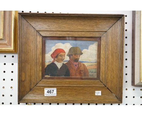 Vintage naive oil painting on board of a peasant man and lady 