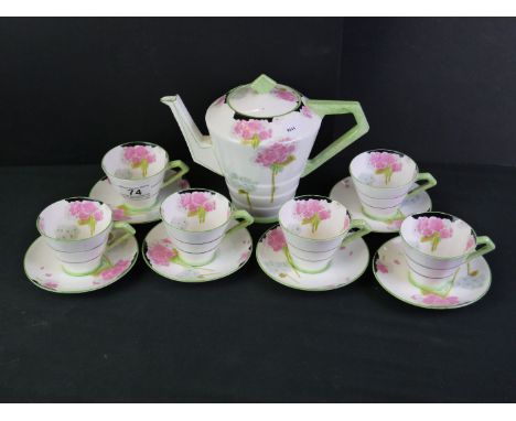 Art Deco Paragon part Coffee Set hand painted in the Hydrangea pattern comprising Coffee Pot and Sic Coffee Cups and Saucers 