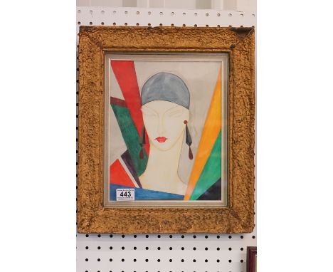 Gilt framed watercolour portrait of an Art Deco flapper girl 