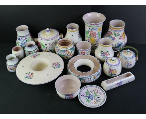 Collection of Eighteen Pieces of Poole Pottery including 9 Vases, Biscuit Barrel, 2 Preserve Jars, 2 Flower Posies, etc, tall