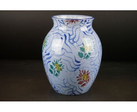 " Alfama " for Tiffany &amp; Co 1994 baluster vase, with floral and wispy blue decoration on light blue ground, printed mark 