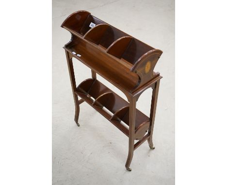 Edwardian Mahogany Two Tier Book Trough Table with string and paterae inlay, each tier divided into three sections, raised on