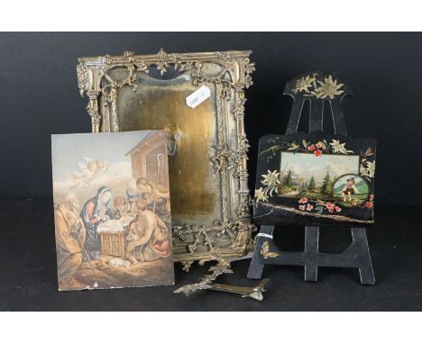 19th century gilt brass photograph frame, height approx. 21cm, a 19th century patented miniature easel with Nativity print &a