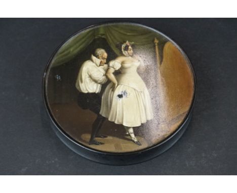 Early 19th century German papier-mache circular table snuff box by Stobwasser of Braunschweig, the interior of lid signed, ti