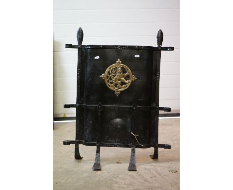 Arts and Crafts style Wrought Iron Firescreen with applied lion plaque, 57cm wide x 73cm high 