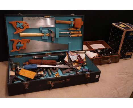 Mid century Wooden Tool Box fitted with various tools including Spear &amp; Jackson Saws, Wooden Handled Chisels, Stanley Pla