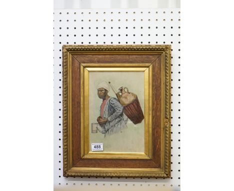 Oil on canvas, a portrait of a middle eastern male watercarrier, signed with monogram R P 