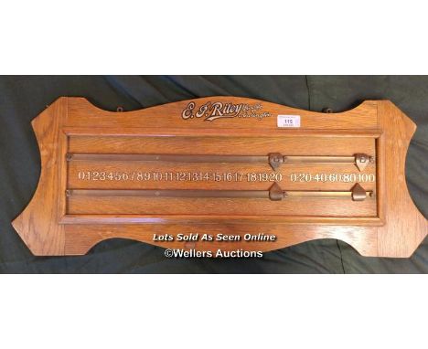 E.J RILEY SNOOKER SCORE BOARD IN LIGHT OAK / 70CM (W) X 27CM (H) [THIS LOT WILL NEED COLLECTING FROM THE ACADEMY BILLIARD COM