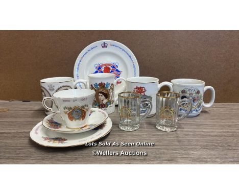 A SMALL COLLECTION OF COMMORATIVE WARES INCLUDING 1953 GLADSTONE CUP SAUCER AND PLATE, SILVER JUBILEE PLATE, DIAMOND JUBILEE 