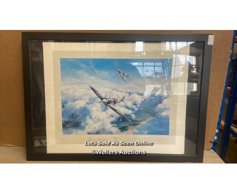 FRAMED PRINT ' SPITFIRE' BY ROBERT TAYLOR FIRST EDITION PRINT SIGNED BY GROUP CAPTAIN SIR DOUGLAS BADER AND AIR VICE MARSHAL 