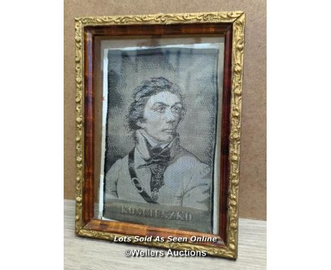 A TAPESTRY PORTRAIT TADEUSZ KOSTCIUSZKO (1746 - 1817) POLISH MILITARY ENGINEER. 13 X 21CM. WITH FRAME 