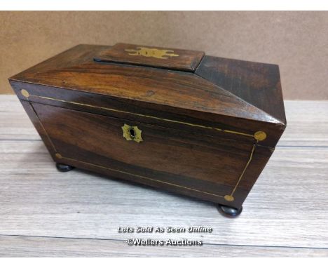REGENCY BRASS INLAID ROSEWOOD SARCOPHAGUS SHAPED TEA CADDY 