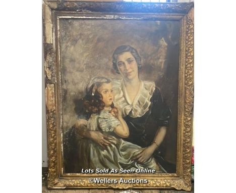 A LARGE OIL ON CANVAS PORTRAIT OF A MOTHER AND CHILD, FAINT SIGNATURE DATED 1936. IN NEED OF RESTORATION, 78 X 103CM, THIS PA