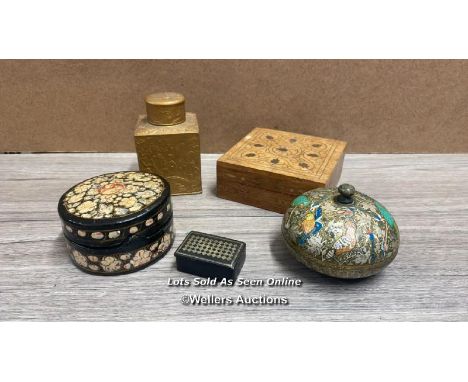 HAND PAINTED CIRCULAR POT FROM INDIA, METAL CHINESE TEA CADDY, SMALL SNUFF BOX (WITH SNUFF?) AND TWO MORE SMALL BOXES 